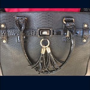 Roller bag with purse handles black vegan patent